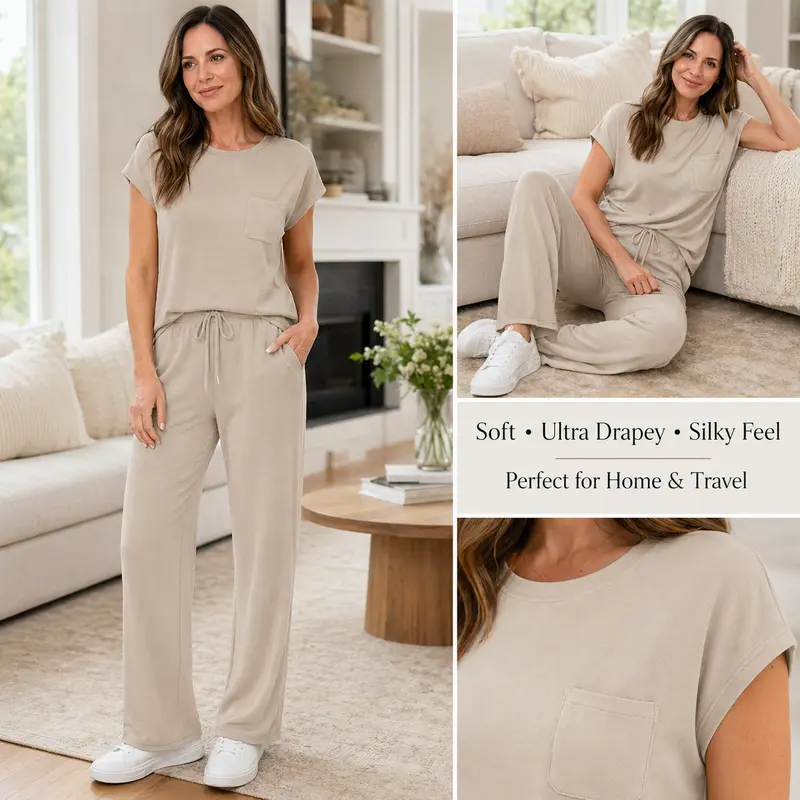 Women's 2 Piece Sets – Casual Summer Travel Vacation Outfits Cap Sleeve Lounge Set Chic Crewneck Soft Silky Breathable Clothes