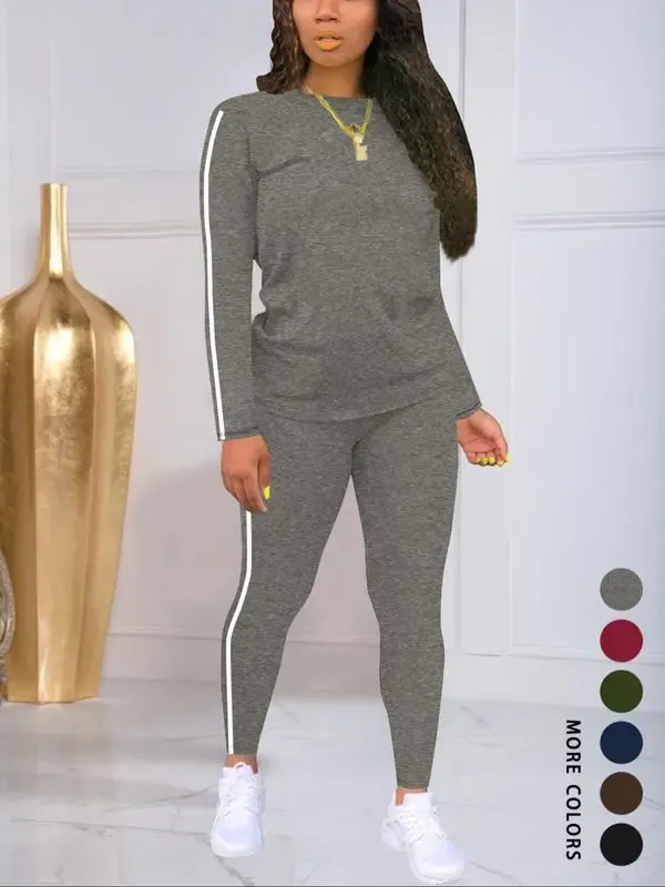 Women's solid color long-sleeved top and pants set
