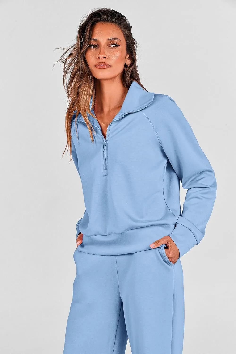 🔥Final Day Clearance!🛒Women's 2 Piece Outfits Casual Lapel Half Zip Sweatshirts And Wide Leg Pants Tracksuit Sets🔥8-PACK ONLY $28🔥