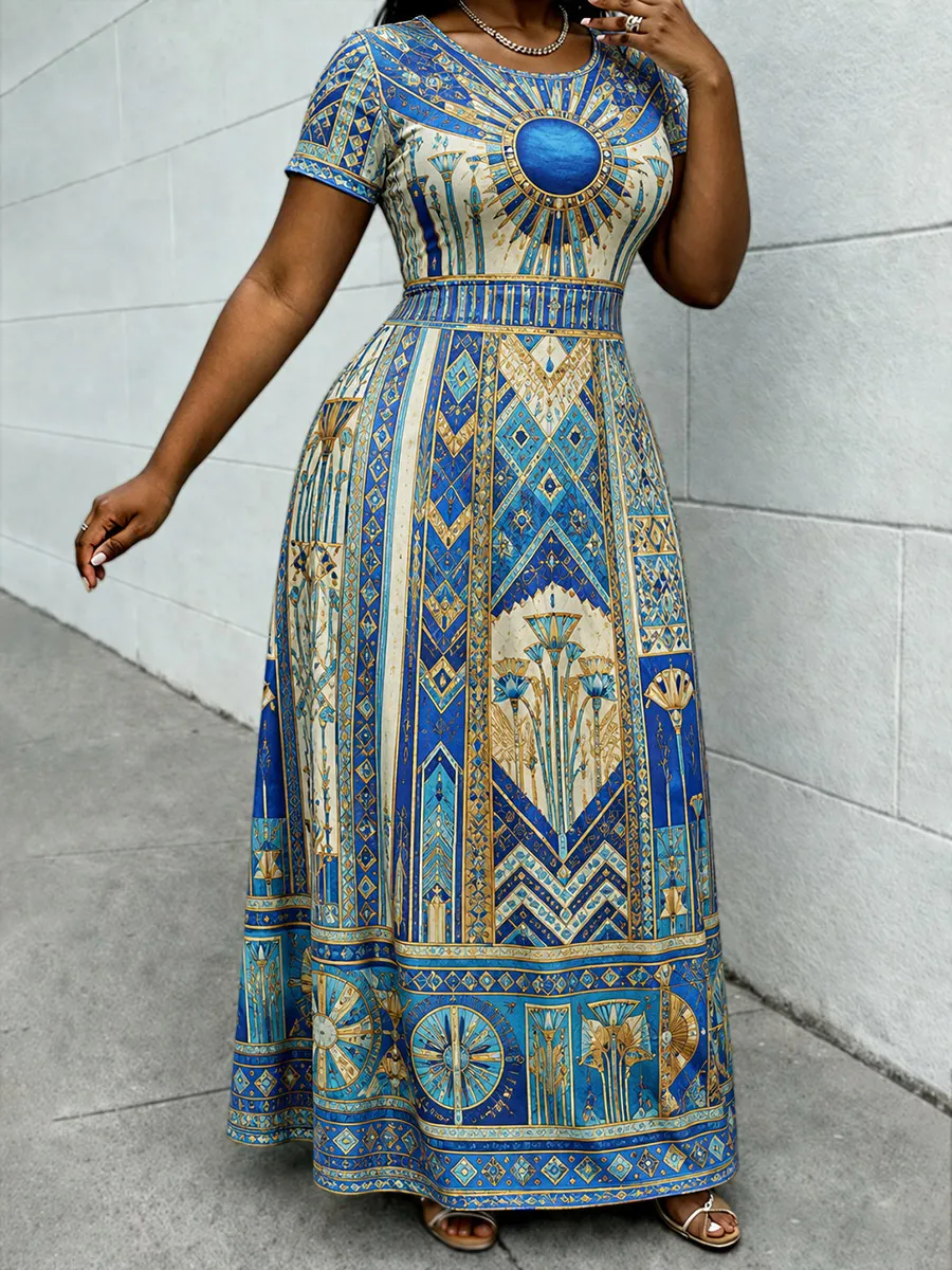 Women's Vintage African Totem Casual Short-Sleeve Dress