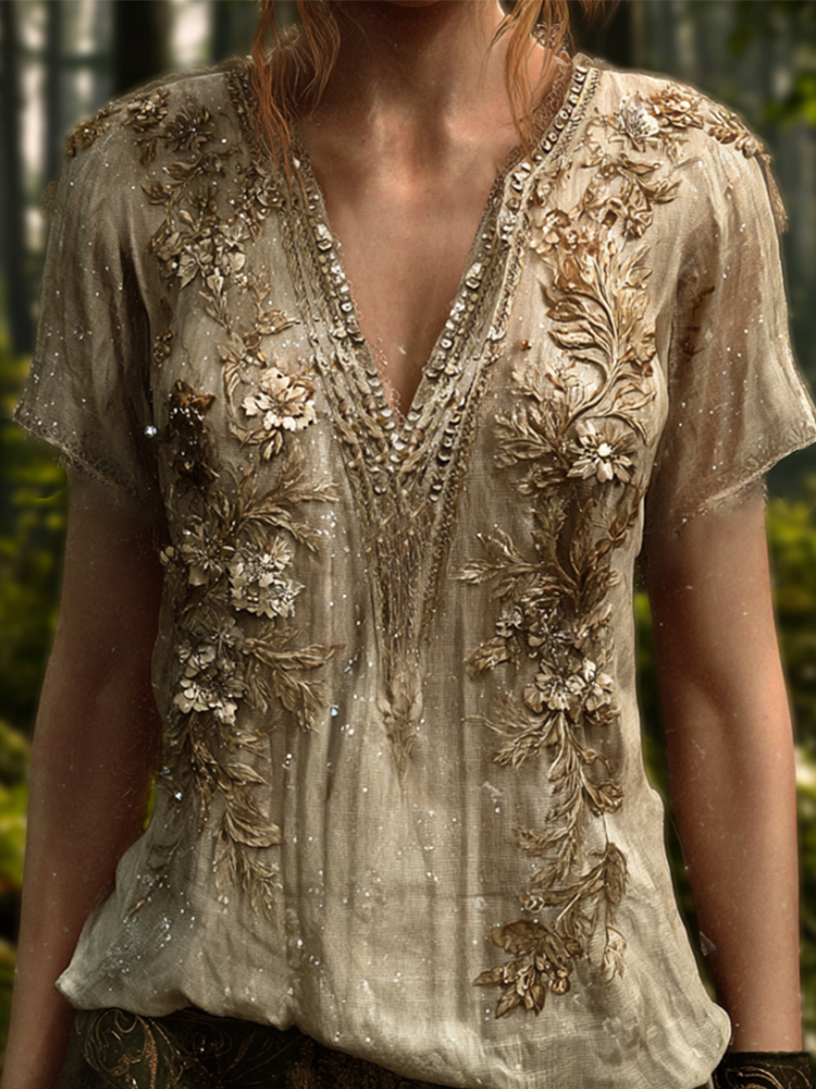 Bohemian Style Golden Sequin Flower Glowing Vintage V-neck Short-sleeved Shirt