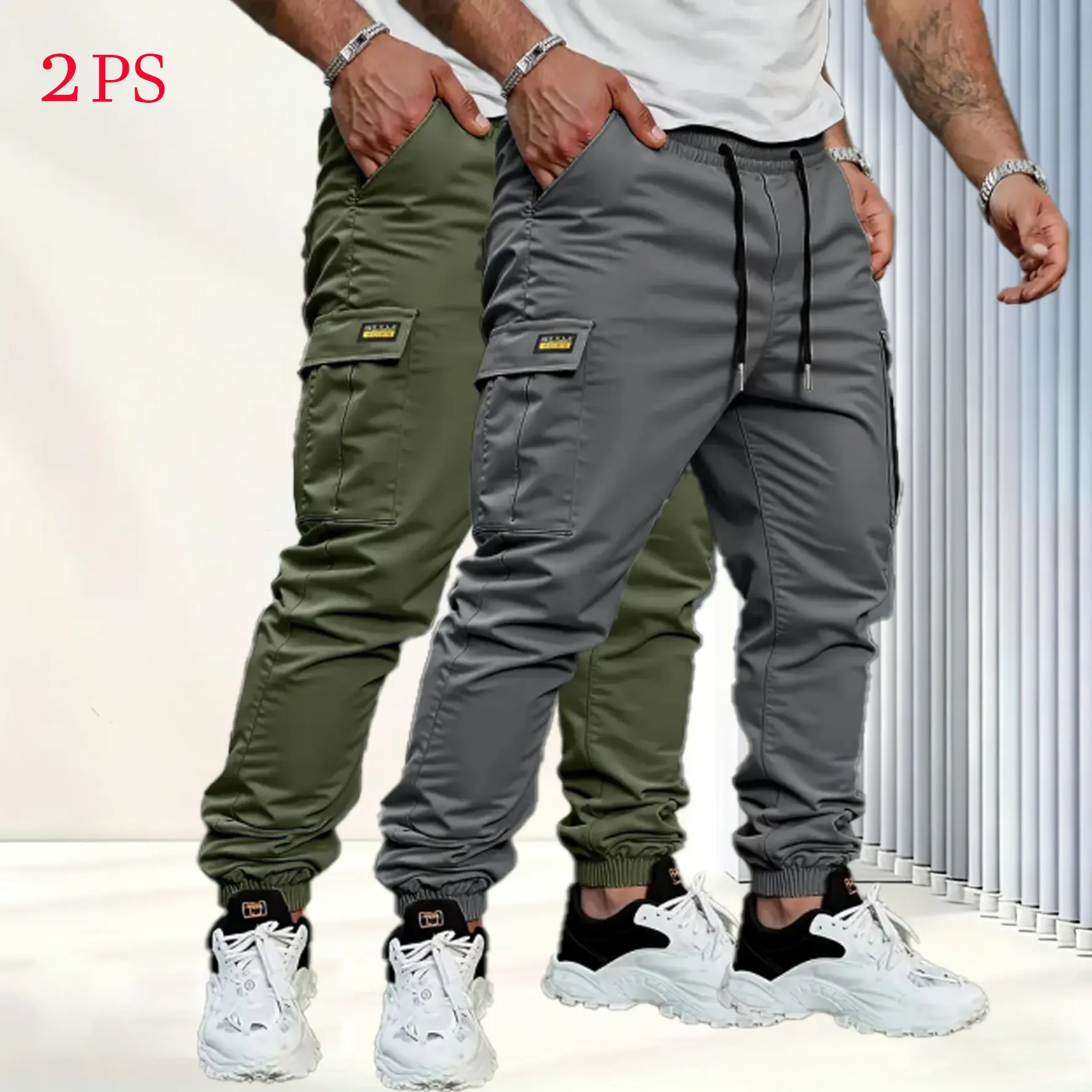 Men's solid color tactical work pants with multiple pockets and drawstring design