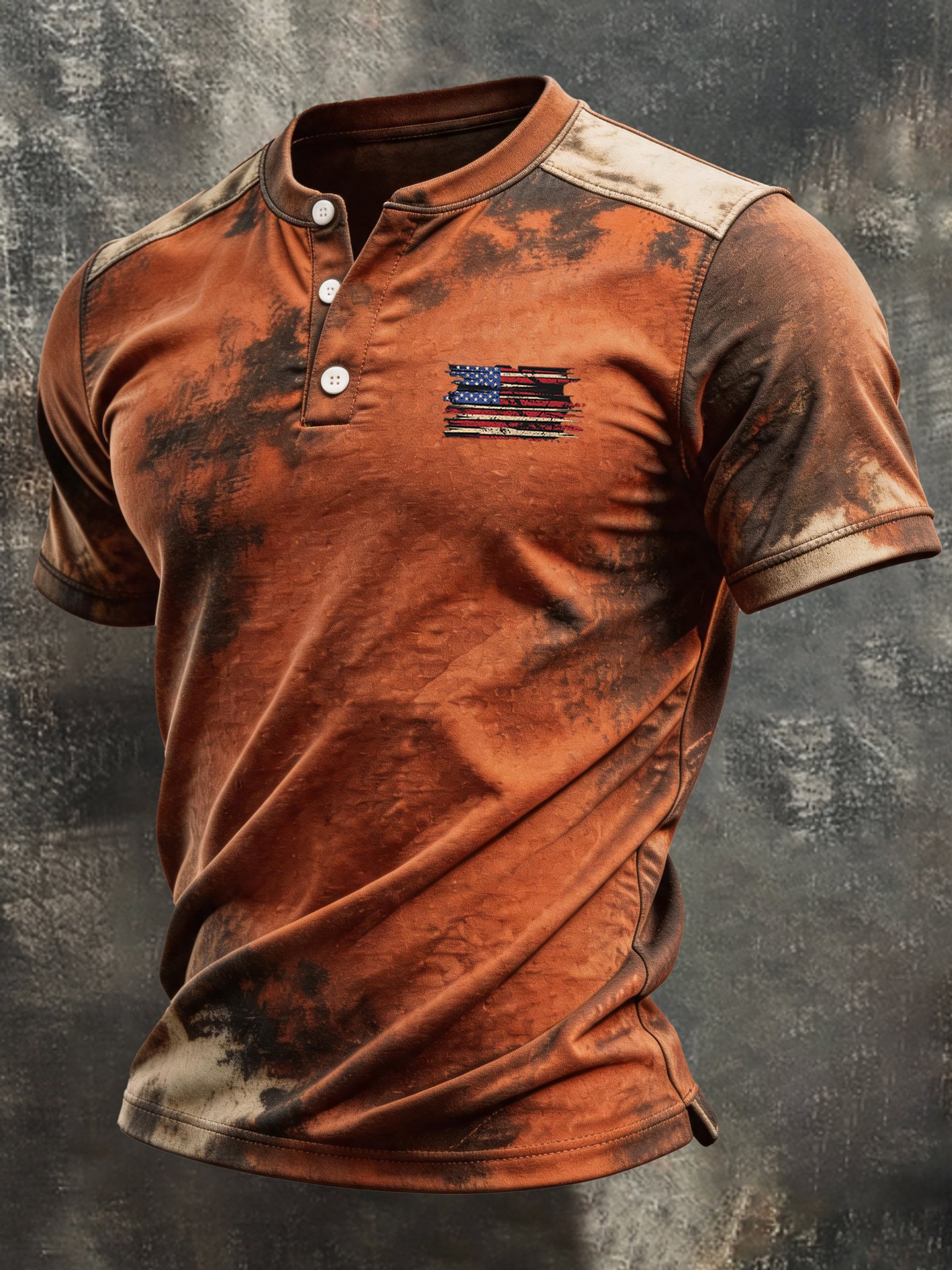 Men's Retro Patriotic Color-Block Short-Sleeve Henley T-Shirt