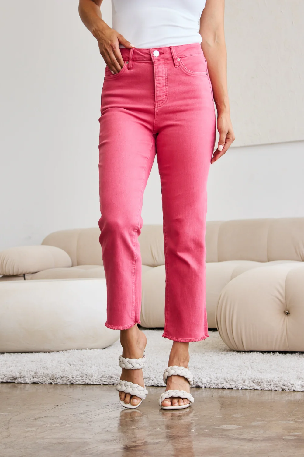Crop Full Size Tummy Control High Waist Raw Hem Jeans