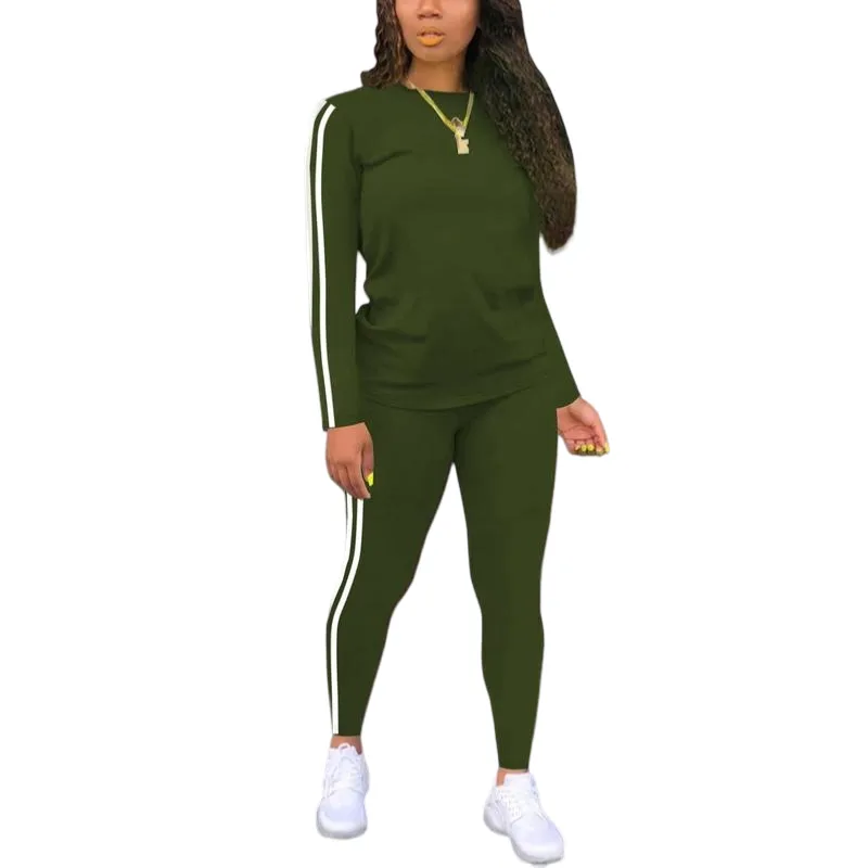Women's Striped Print Long Sleeve Top & Pants Two-piece Set
