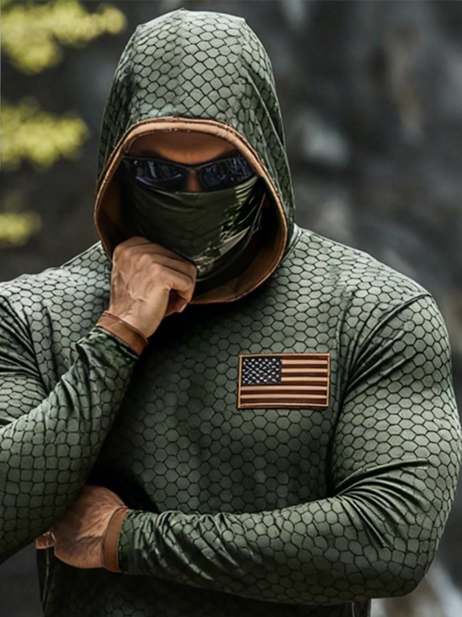 Men'S Outdoor Sun Protection Top: Breathable, Cooling, Long-Sleeve Hoodie With Built-In Face Mask And Contrast Print