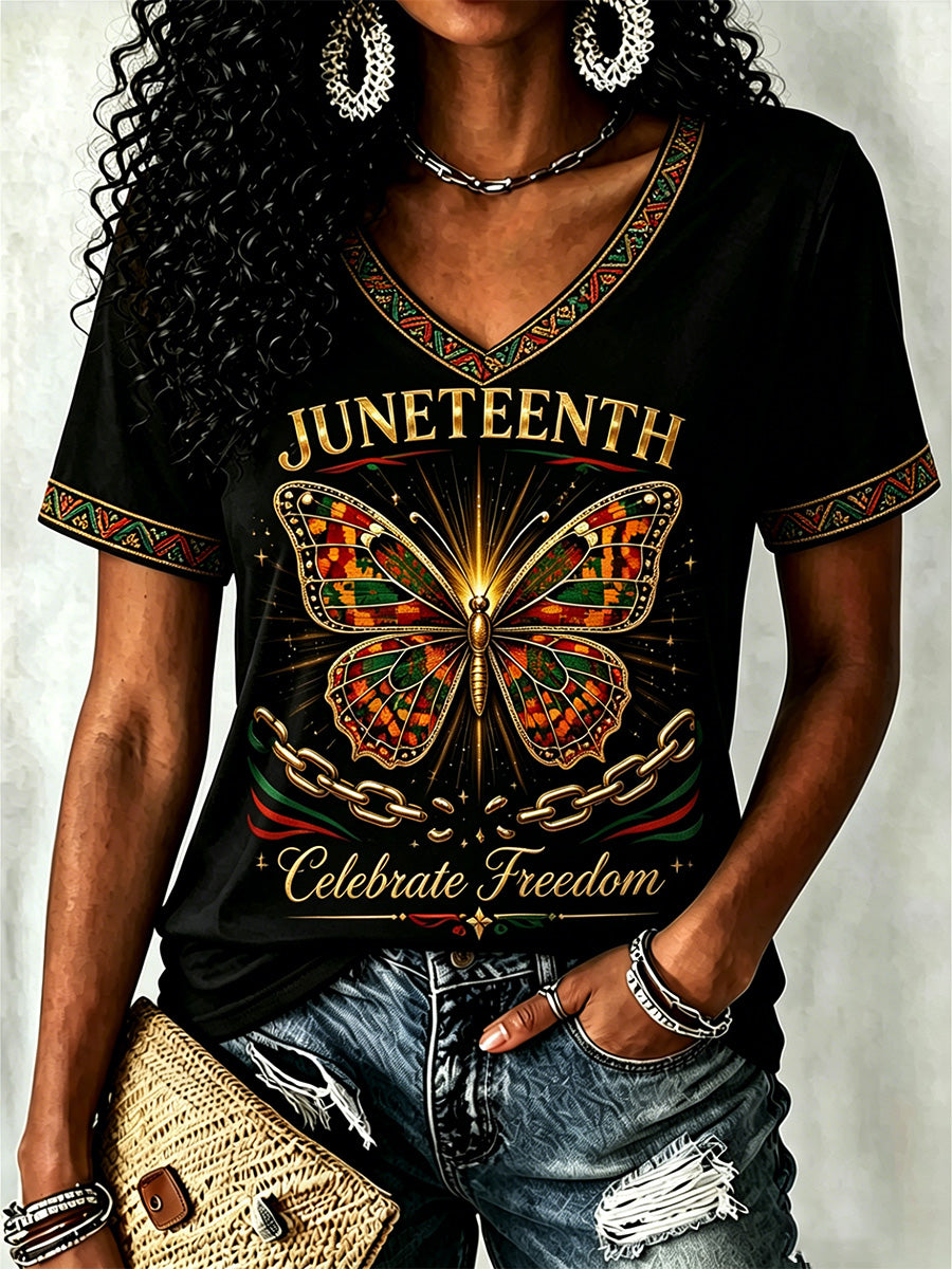 Women's Juneteenth  Print Casual V-Neck Tee