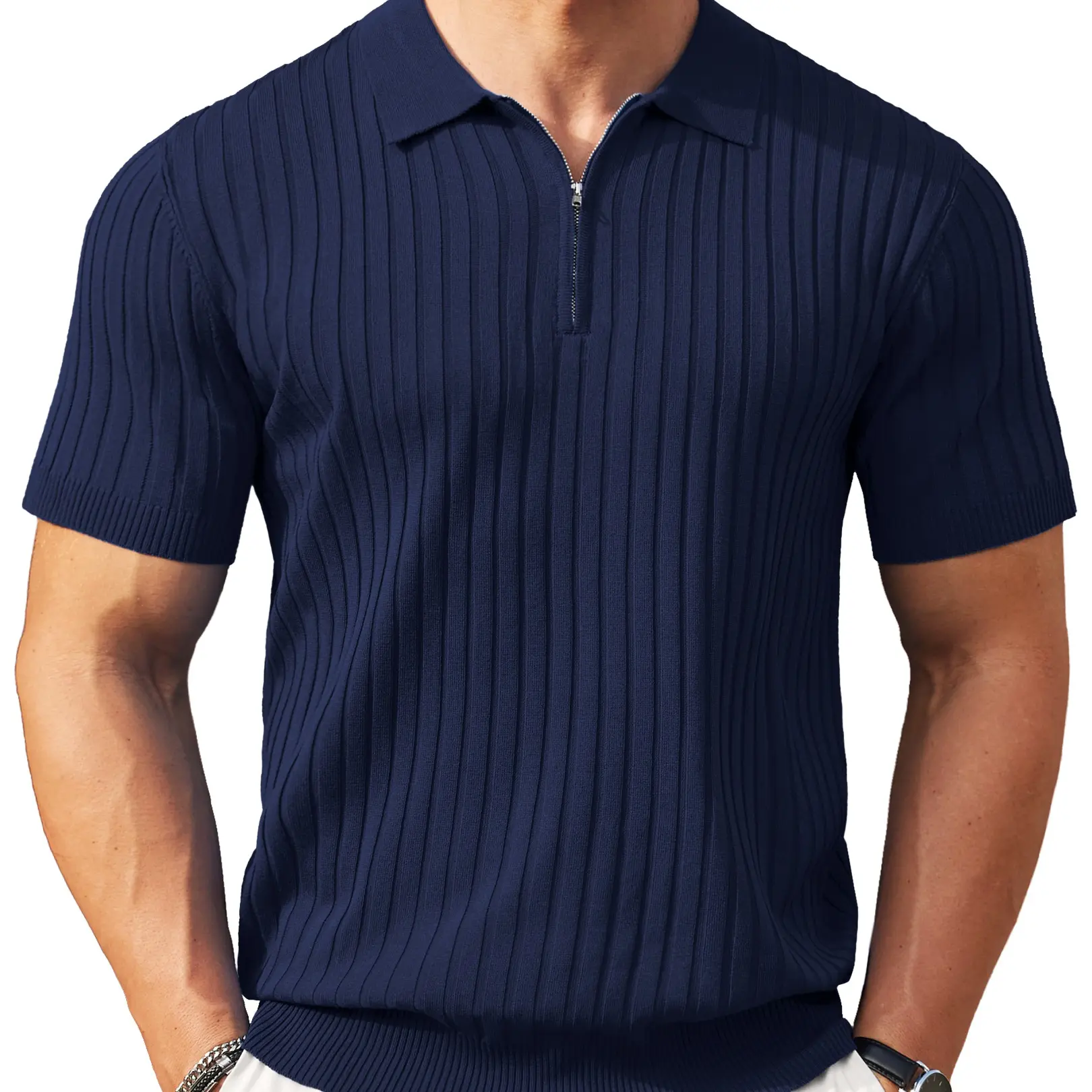 New York Fashion Week Men's Zipper Polo Shirts Short Sleeve Ribbed Knit Polo T Shirts