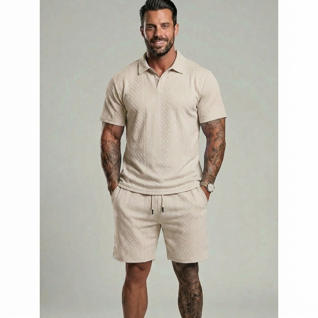 Men's Solid Polo Shirt & Drawstring Shorts 2-Piece Set Casual Breathable Daily Outdoor Outfit