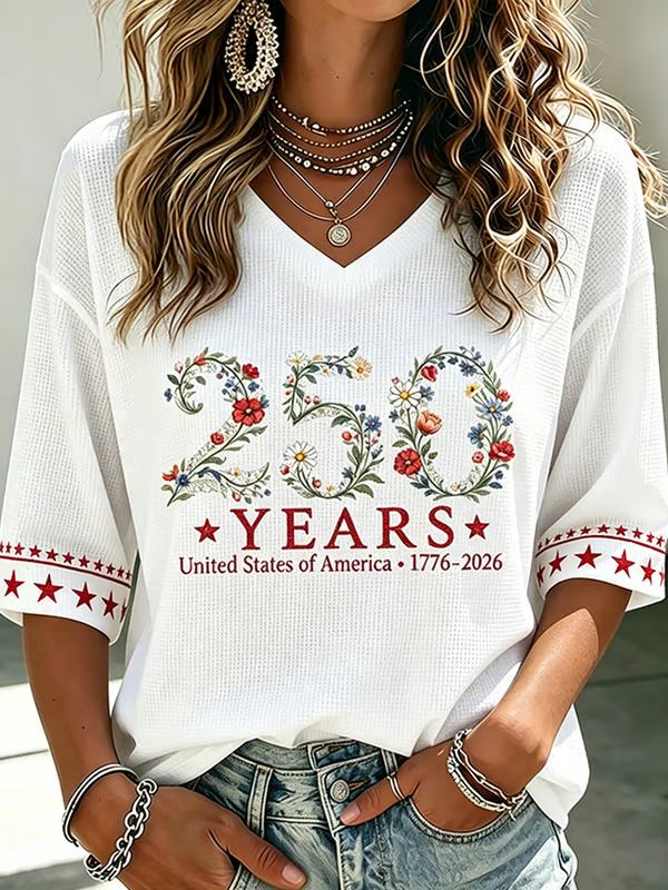 Ladies' American Flag Printed Casual Long Sleeve V-neck T-shirt