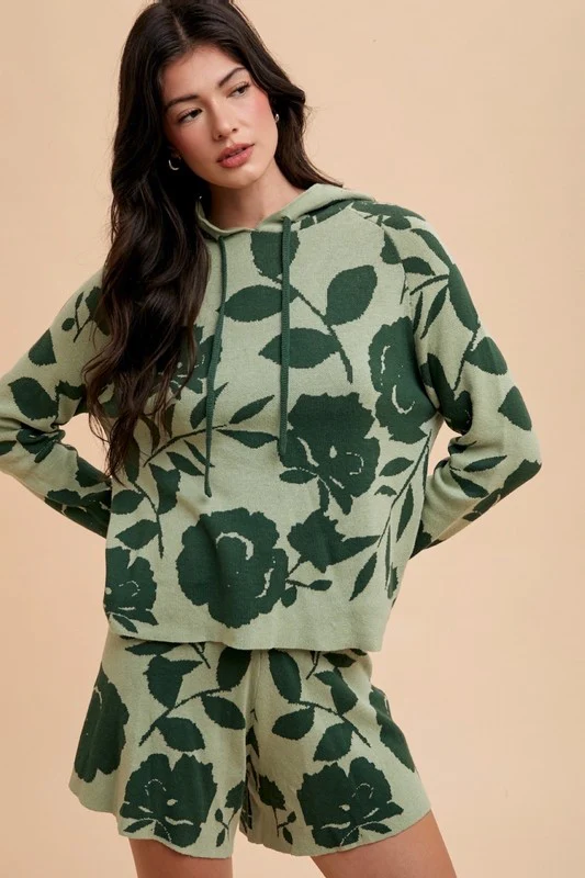 Wear Flower Pattern DrawstringHooded Top and Shorts Sweater Set