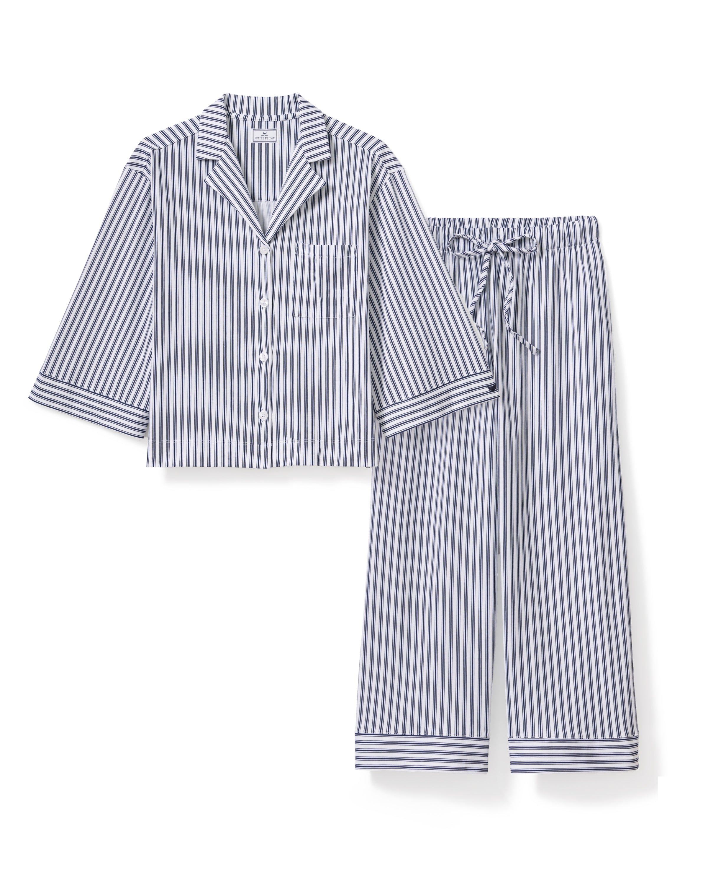 The Olivia Wide Leg Pima Pajama Set in Navy French Ticking