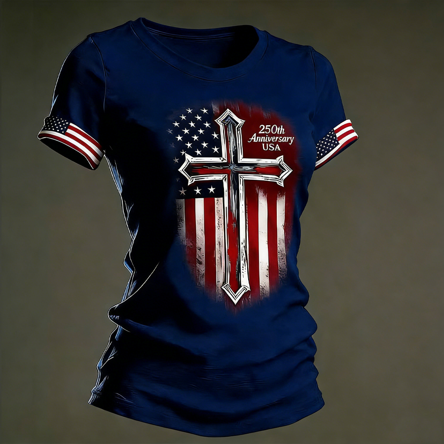 Women'S Flag Printed Casual Round Neck T-Shirt