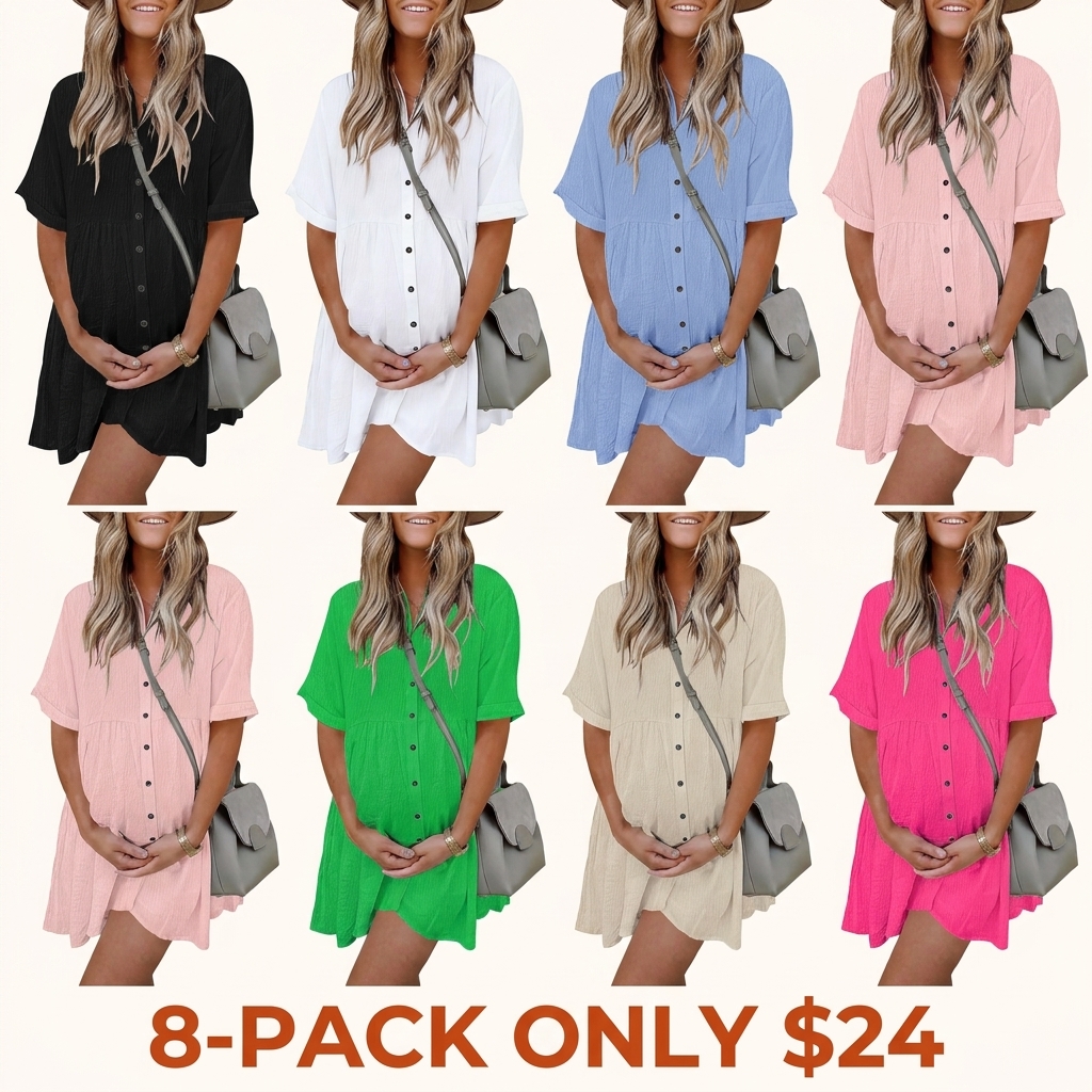 Women's Short-Sleeve Button-Front Textured Mini Dress – Loose, Flowy, Non-Clinging Fit with Pockets