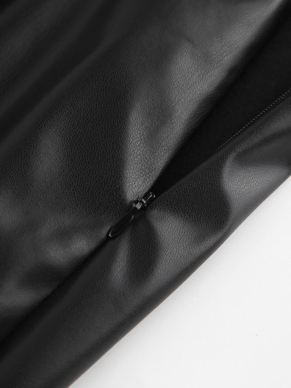 Slit Pu Leather Skirt High Waist Bag Hip Skirt