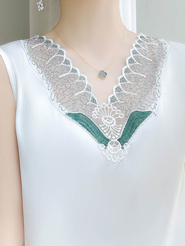 Embroidered Mesh Split-Joint Loose Sleeveless V-Neck Vest Top