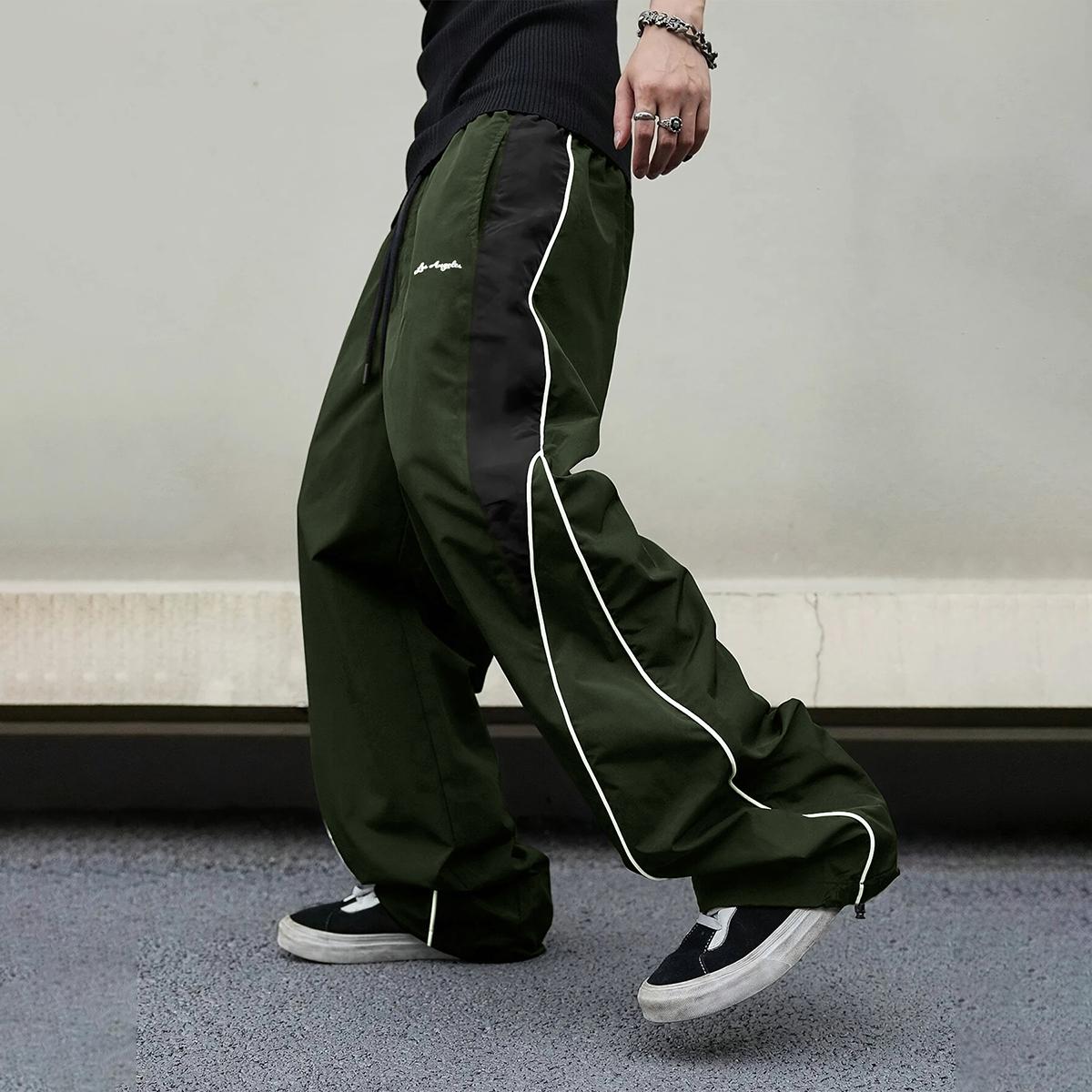 Men's High-Street Style Color-Block Spliced ​​Wide-Leg Pants with Side Stripes and Drawstrings