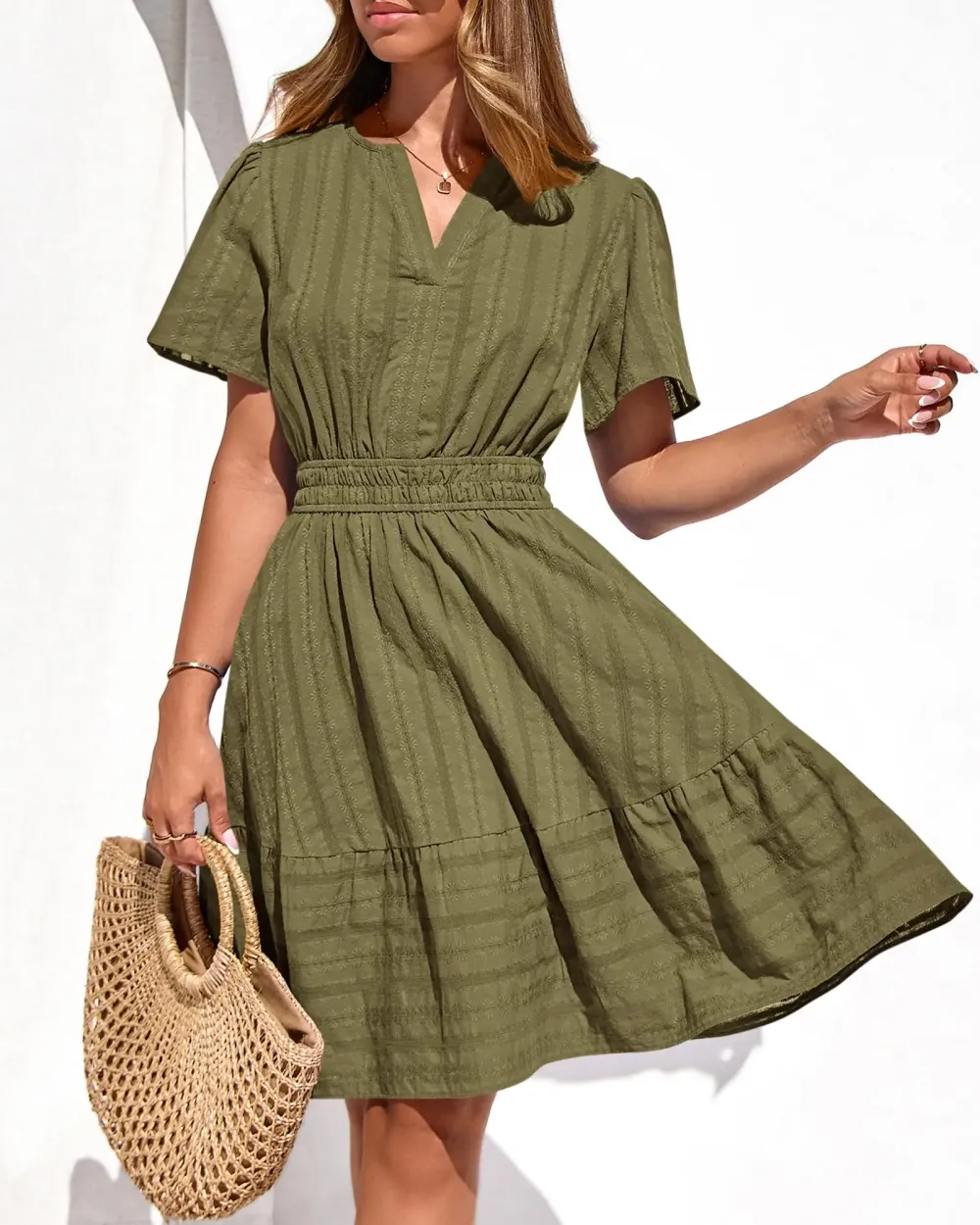 8-pack $24🔥Women's V-Neck Elastic Waist Mini Dress with Pockets💝
