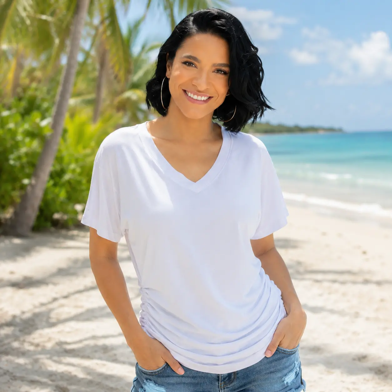 Womens Short Sleeve V Neck Dolman Tops with Side Shirring Loose Fit Shirts