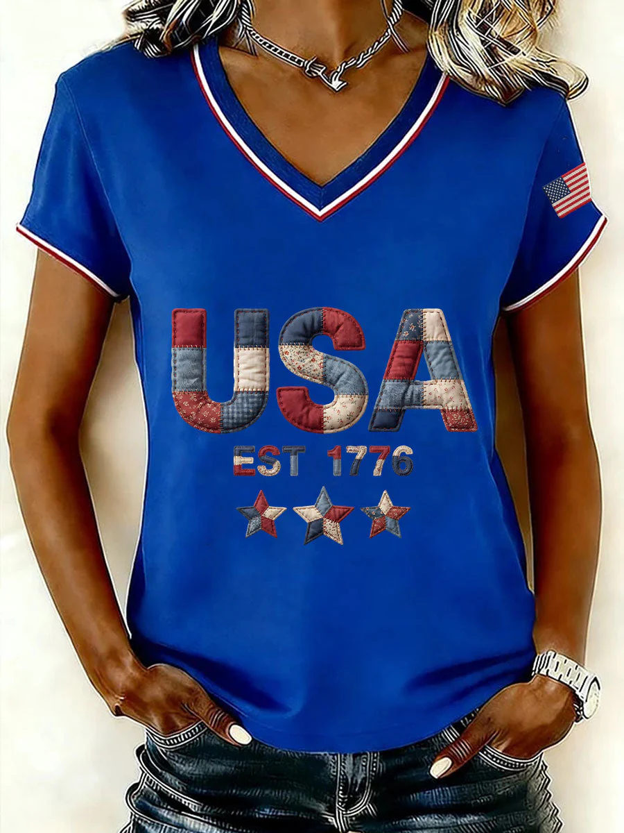 Vintage Patchwork USA EST 1776 Star Logo V-Neck T-Shirt