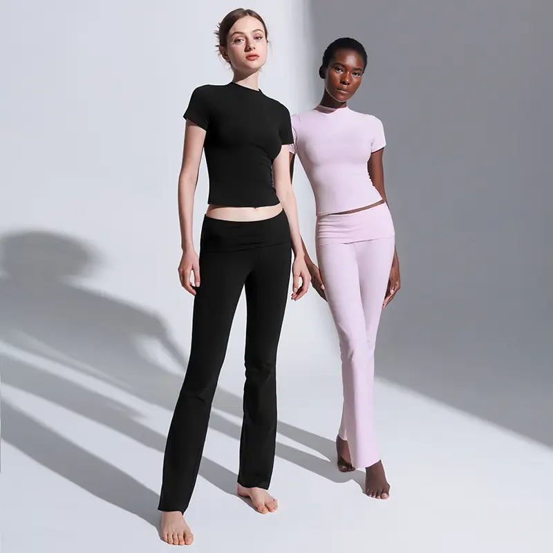Women's Minimalist Short Sleeve & Fold-Over Flare Pants Lounge Set