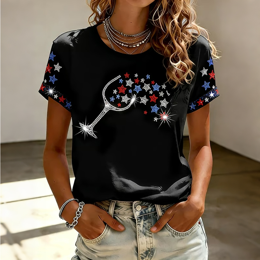 Ladies' Casual US National Day Flag Embroidered Printed Short Sleeved Round Neck T-Shirt