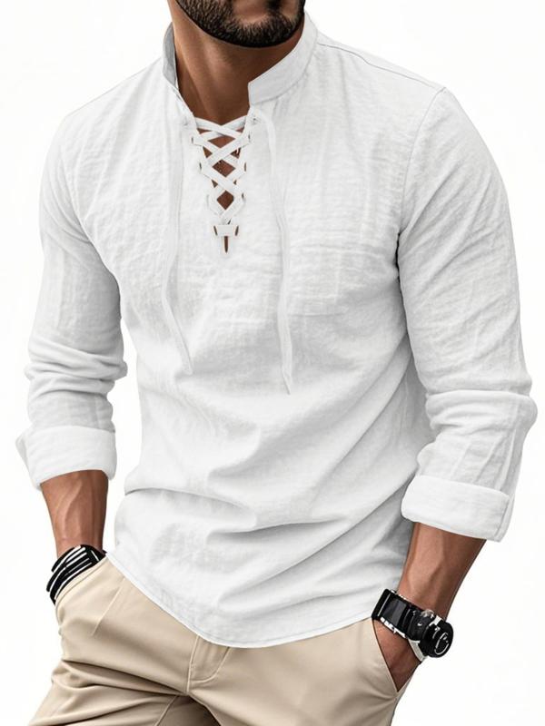 Men's Lightweight Breathable Linen Shirt, Drawstring Collar, Unique Design, Casual Plain Long Sleeve Polo, Perfect for Daily Commute Spring Fall Men's Clothing