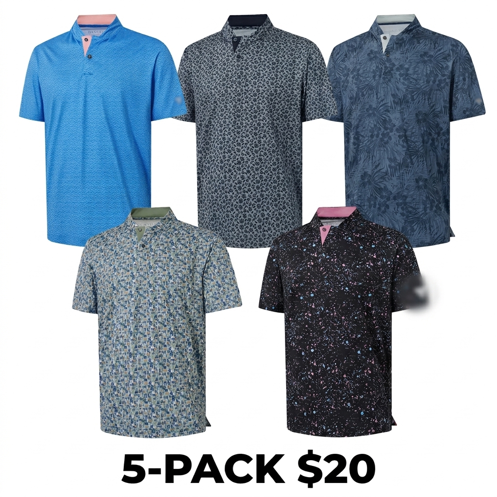Men's Collarless Performance Golf Shirt – Dry Fit Stretch Henley with Printed Design