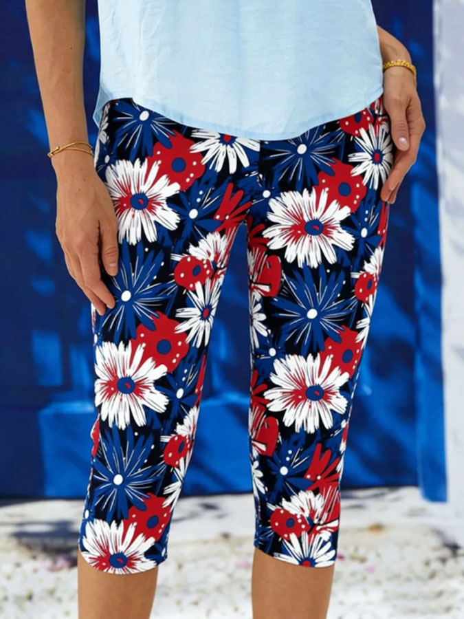 Women's American Flag Floral Print Casual Leggings