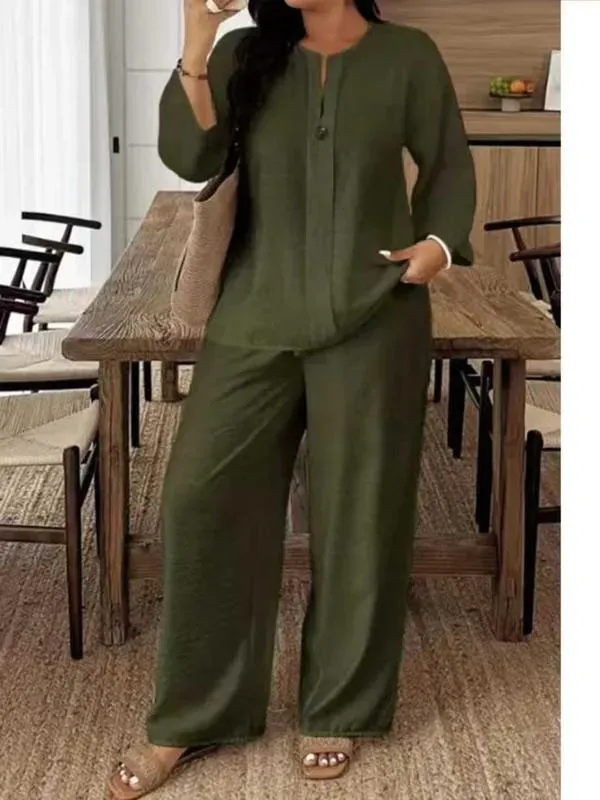 🔥Women's Casual Breathable Long Sleeve Shirt and Loose Pants Two-Piece Set