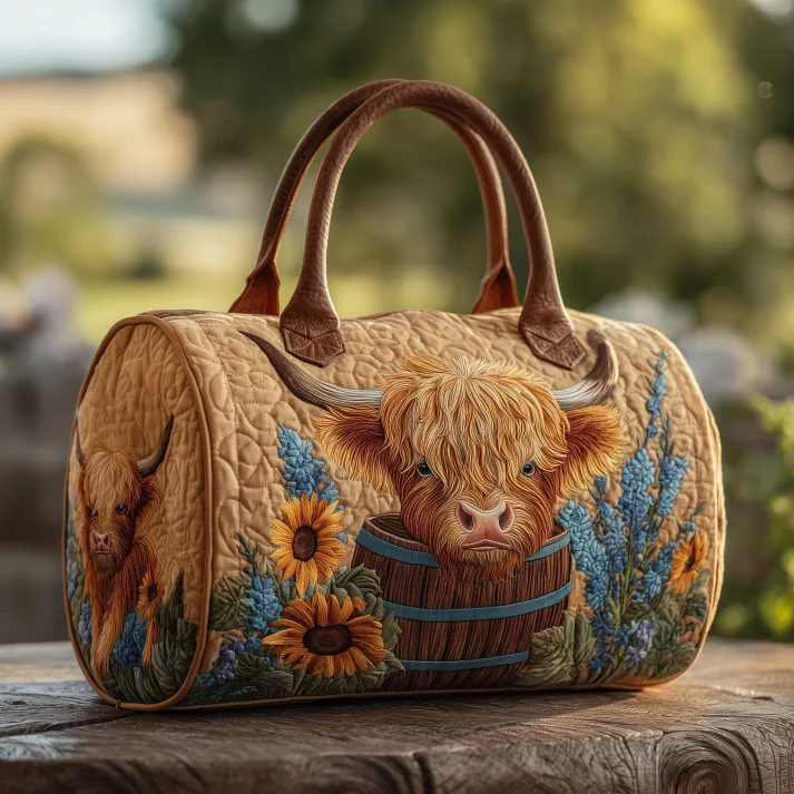 Highland Cow Sunflower Quilted Duffle Bag 🐮🌻