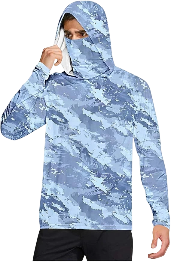 Long Sleeve Sun Shirt Men UPF 50+ Rash Guard Cooling Fishing Hoodies with Mask Casual Summer UV SPF Hiking Blouses