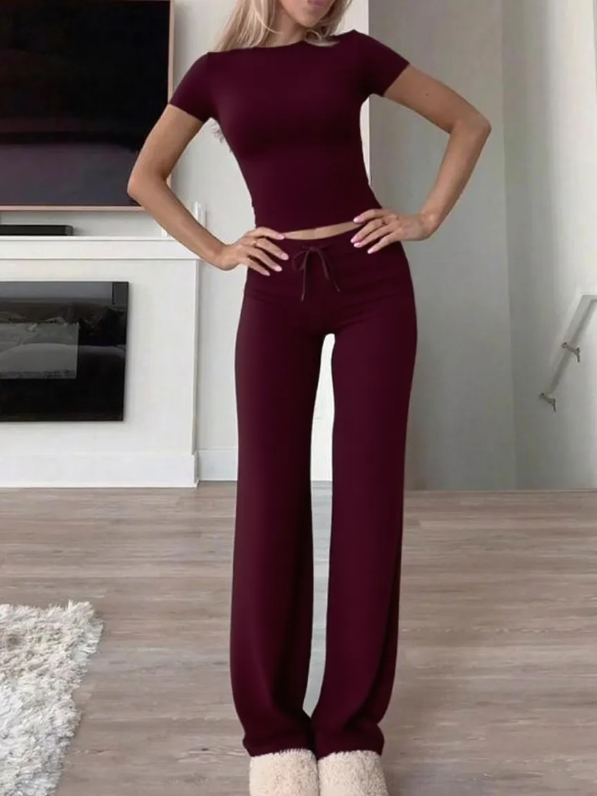 Women's Plain Shortsleeve Top & Drawstring Pants Set