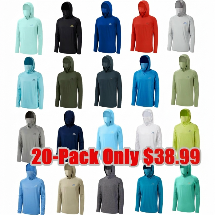 ☀️☀️UPF 50+ Men’s Long Sleeve Fishing Shirt with Mask UV Neck Gaiter Hoodie