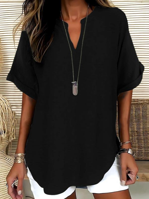 🔥LAST day 85% OFF🔥Women's Plain Short Sleeve Blouse, Casual Solid Color Top for Daily Wear, Ladies Clothes for All Seasons