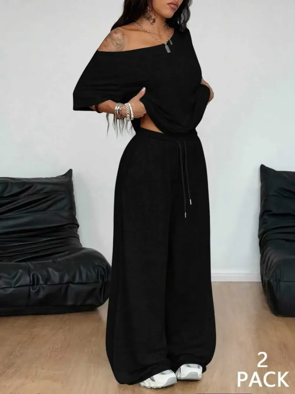 Women's Casual Streetwear Two-Piece Set, Comfortable Shoulder-Exposed Top & Wide-Leg Pants