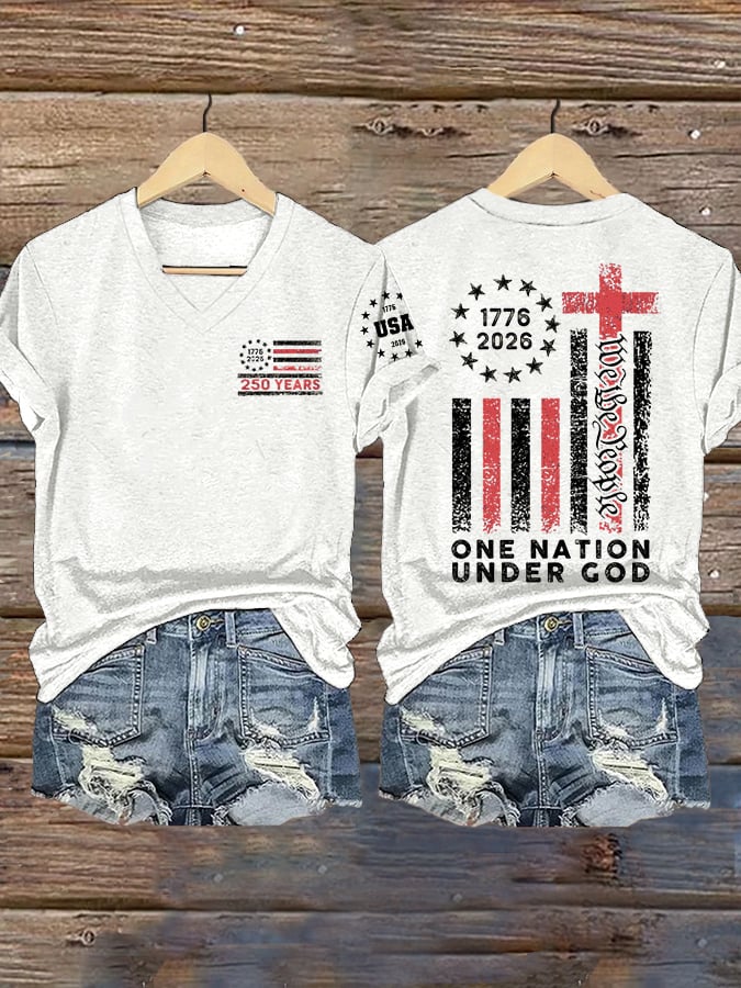 Women's Vintage USA 250th Anniversary One Nation Under God Print Casual T-shirt