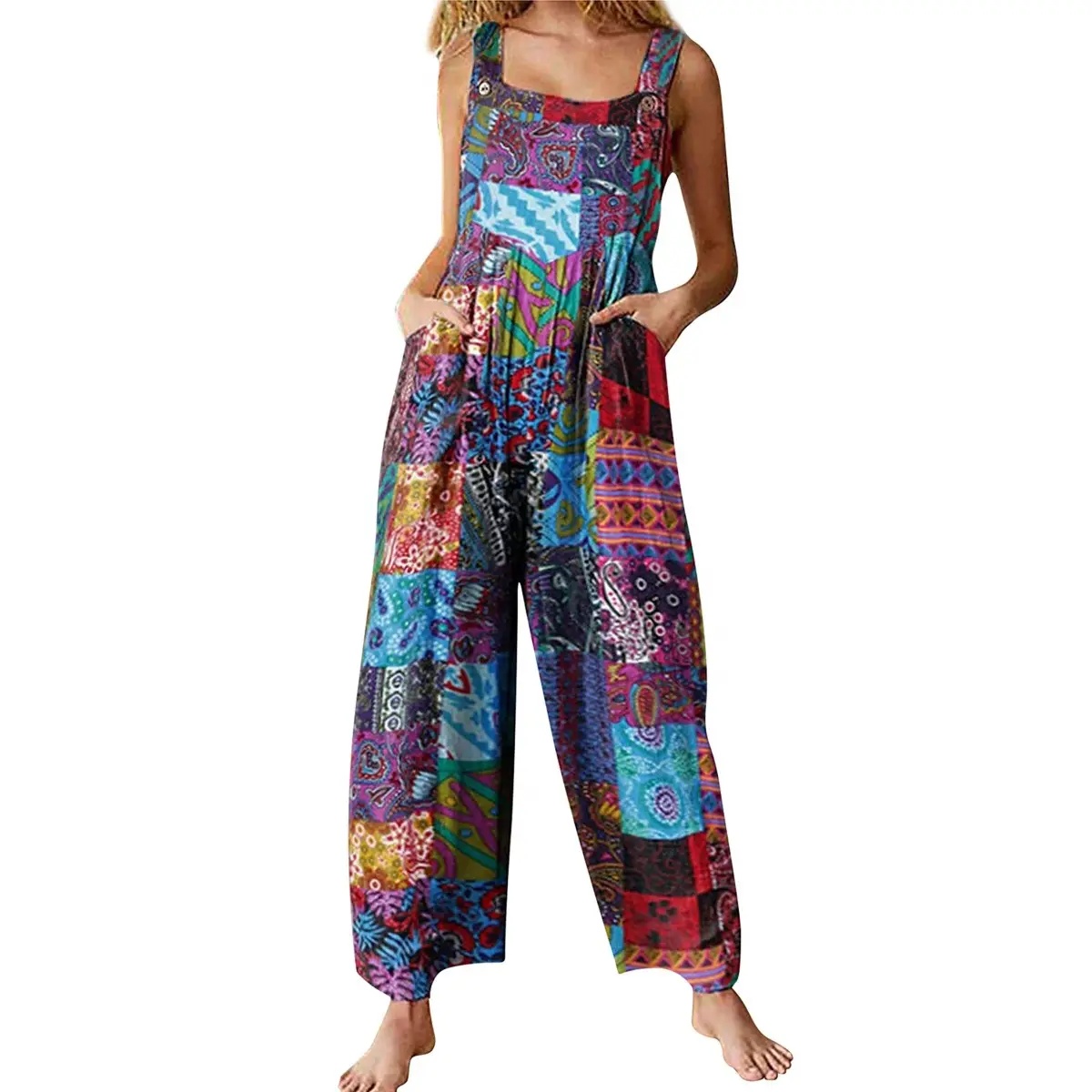 Tanming Women's Patchwork Dual Pocket Jumpsuit Loose Floral Print Bohemian Wide Leg Bib Overall Springfresh