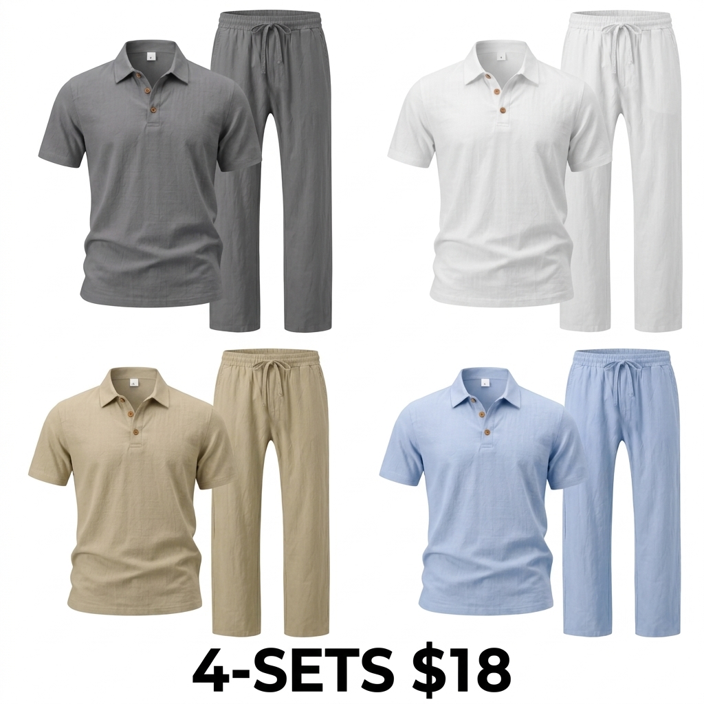 Men's Linen Beach 2-Piece Set – Short Sleeve Button Down Shirt & Loose Long Pants, Lightweight Summer Outfit