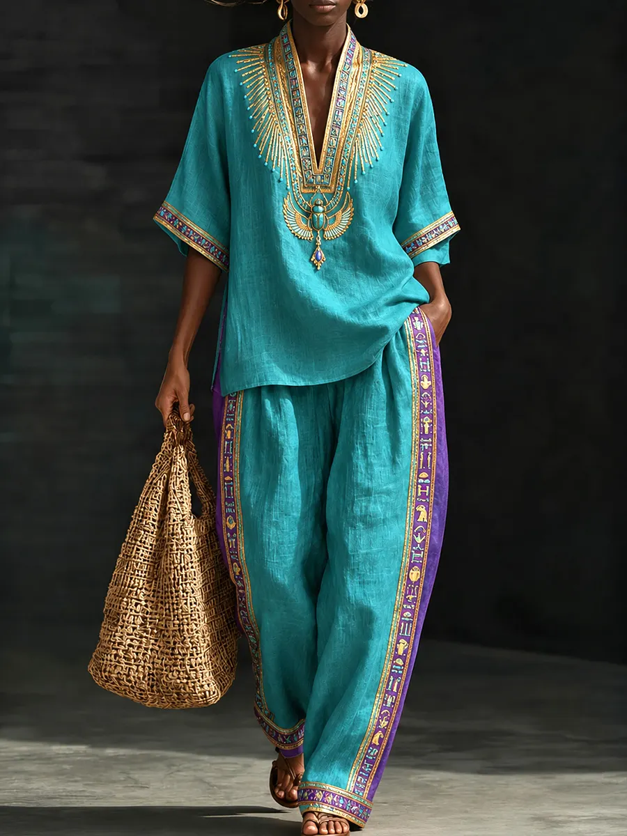 Turquoise Mystical Egyptian Goddess Set with Purple Accent Panels and Beaded Embroidery