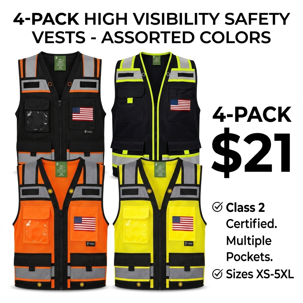 4-Pack Hi-Vis Safety Vest Only $21 | Reflective Mesh Vest with Flag & Utility Pockets