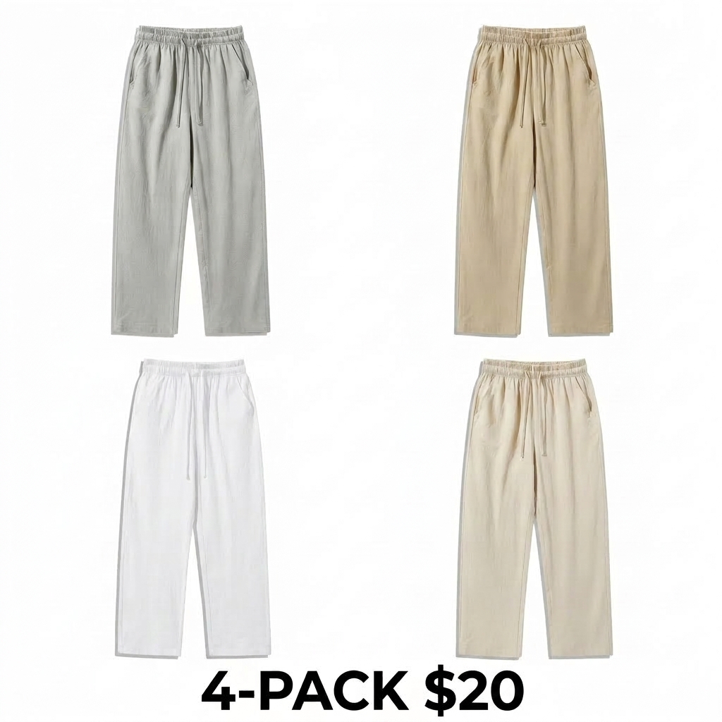 Unisex 100% Cotton Linen Wide Leg Pants – Elastic Drawstring Summer Trousers