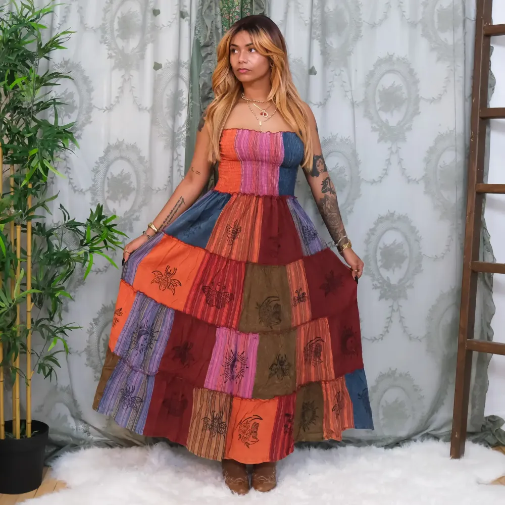 Patchwork Multi Way Skirt Dress, Hippie Festival Maxi Dress, Handmade Cotton Gypsy Clothing