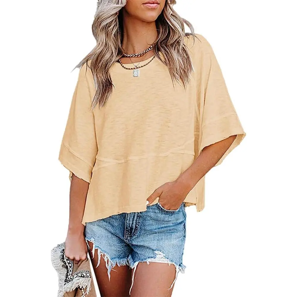 Women's Summer Casual Crewneck Batwing Half Sleeve T-Shirts Solid Color Loose Fit Cute Basic Flowy Tops Tees Blouses Summervibes