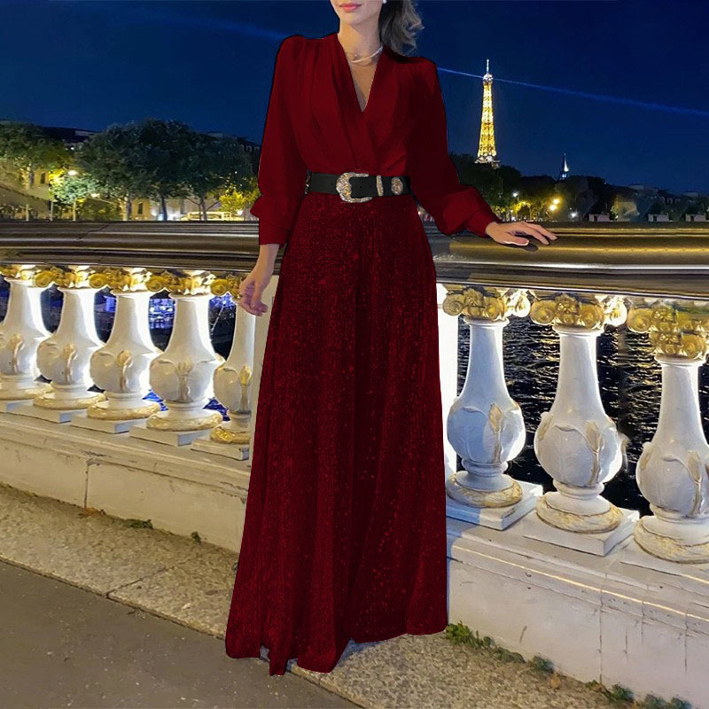Stylish V-Neck Long Sleeve Shirt & Sequin Wide Leg Pants Set  Clearance Sale