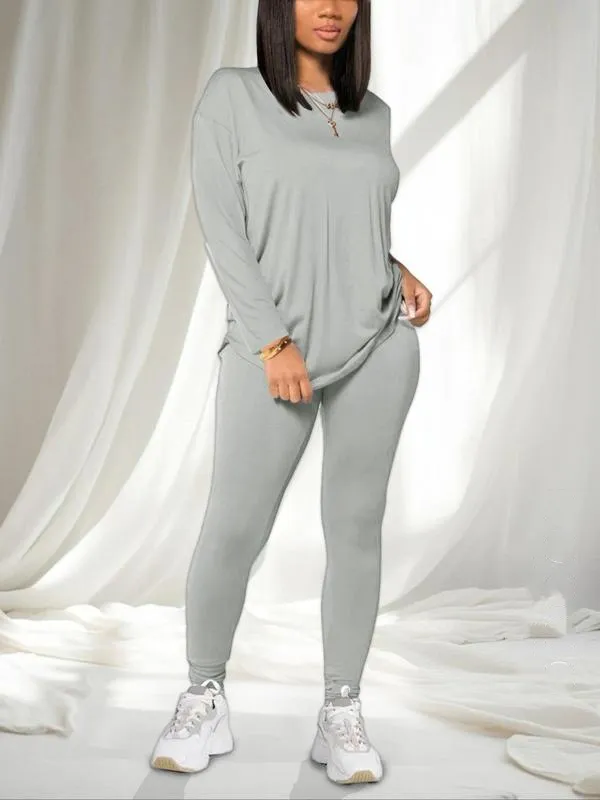 Women's Solid Drop Shoulder Tee & Elastic Waist Skinny Pants Two-piece Set