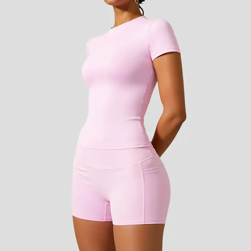 Women's 2-Piece Dry Fit Performance Sports Set, Round Neck T-Shirt & High Waist Pocket Shorts, Casual Comfortable Activewear, Yoga Outfit for Gym Running, Summer Matching Sets for Women