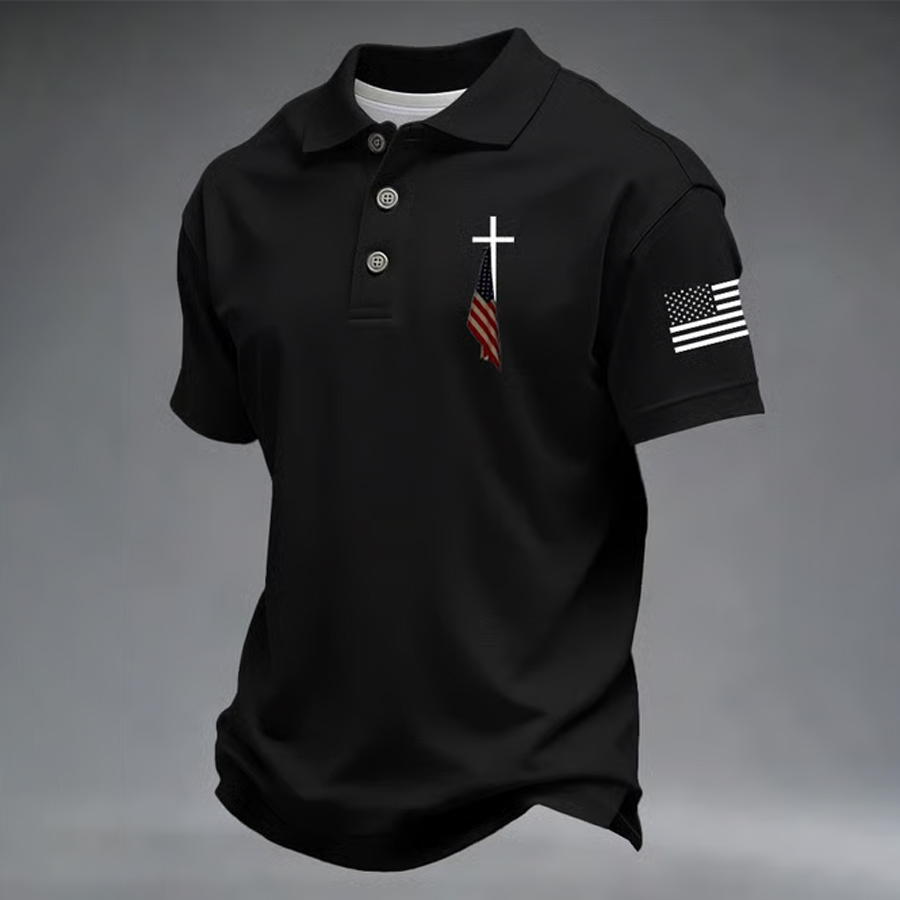 Men'S Flag Cross Printed Polo Shirt