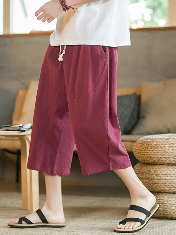 Men's Casual Linen Loose Fit Elastic Waist Wide Leg Harem Capri Pants