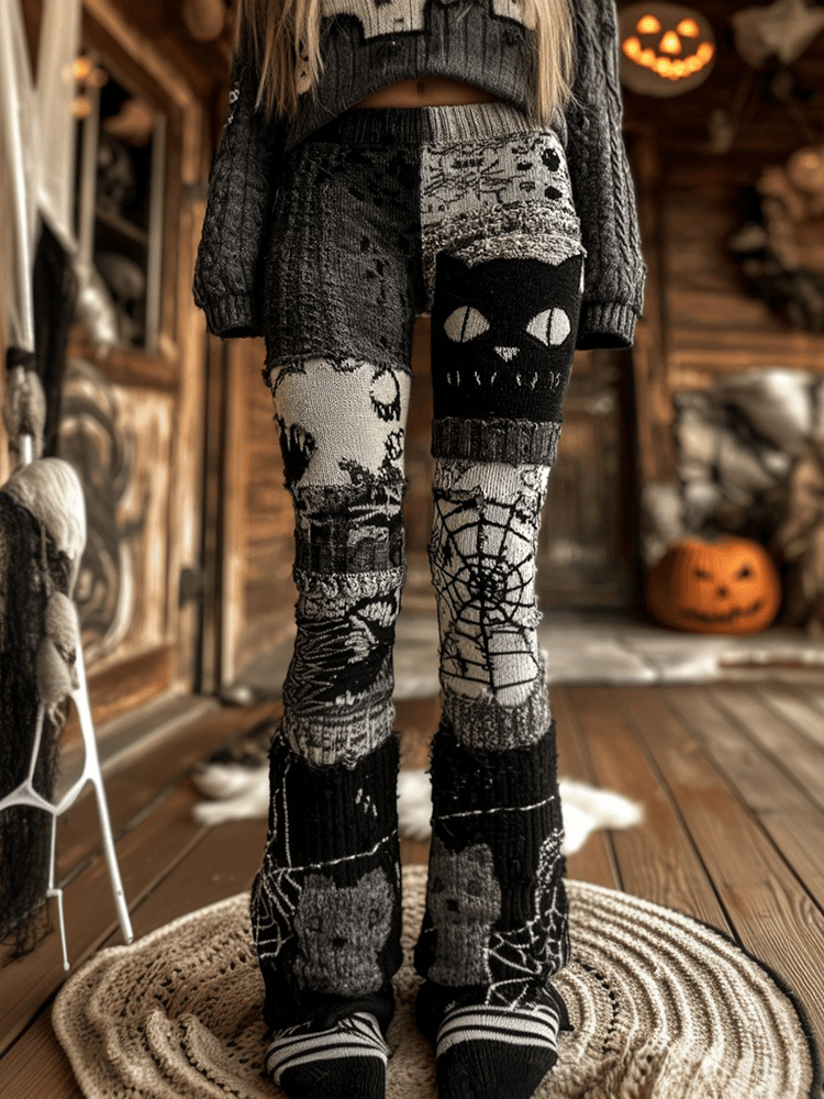 Women'S Halloween Black Cat And Spiderweb Cozy Knit Leggings